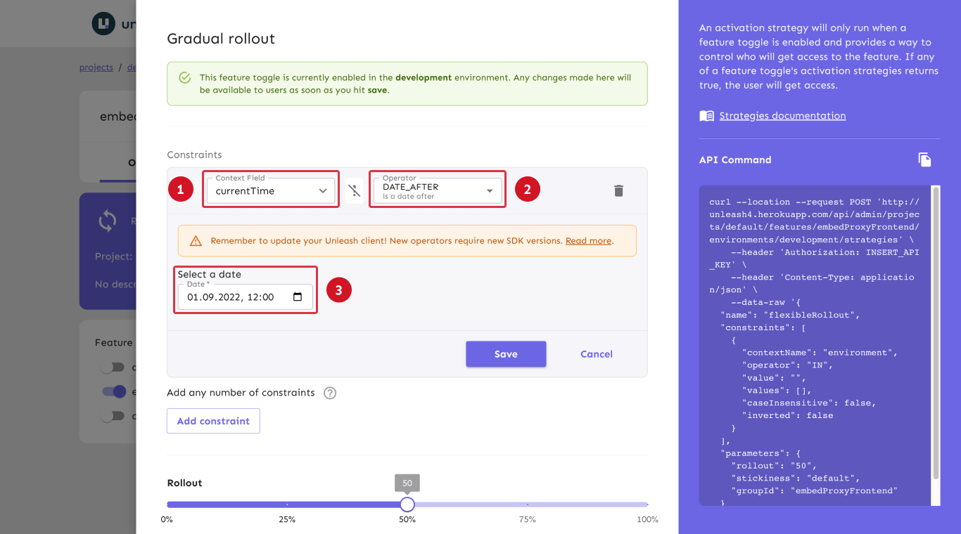 A strategy constraint specifying that the activation strategy should be enabled at 12:00 AM, November 25th 2022. There are visual call-outs pointing to the relevant settings mentioned above.